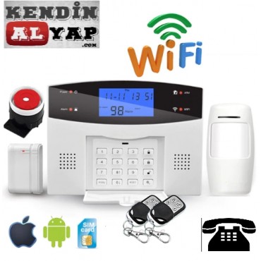 Wifi Ev Ofis Alarm Güvenlik Seti Kablosuz Sabit Telefon GSM SMS Bildirimli Android iOs Uygulamalı